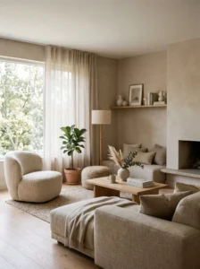 Soft neutral Japandi living room with warm beige tones, linen seating, and textured decor.