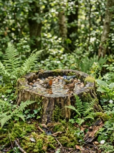 “Rustic tree stump bird bath in a natural garden”