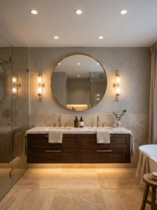Bathroom with layered lighting including sconces, recessed lights, and warm LED vanity glow.