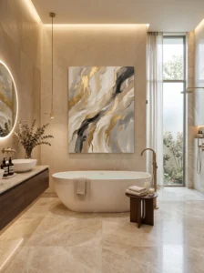 Luxury bathroom with oversized abstract canvas art above a freestanding bathtub.