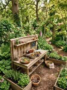 Nature-themed mud kitchen beside a garden with herbs, flowers, and natural outdoor play materials.