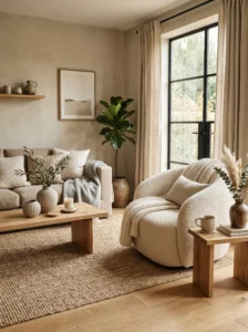 Textured Japandi living room with woven rug, boucle chair, and natural wood accents.