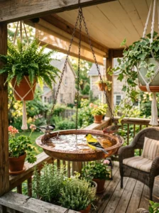 “Hanging DIY bird bath on a porch attracting birds”