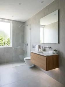 Small bathroom with large-format porcelain tiles creating a spacious modern appearance.