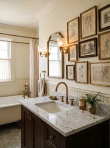 Traditional bathroom featuring vintage sketch wall art and brass accents.