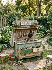 Repurposed vintage furniture turned into a rustic outdoor mud kitchen for kids.