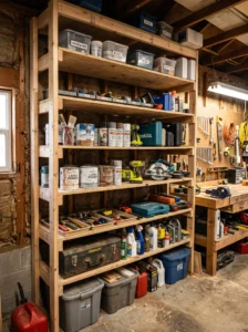 DIY wooden garage shelving storing tools and household supplies.