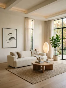 Minimal Japandi living room with open space, simple furniture, and calming neutral decor.