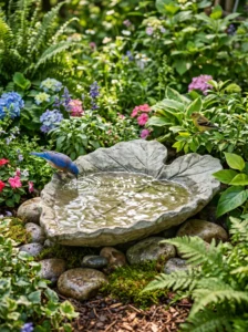 “Concrete leaf shaped bird bath in a lush garden”