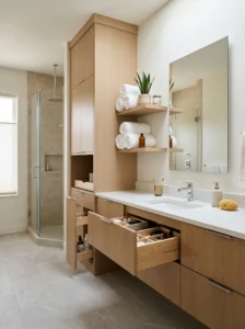 Modern bathroom with built-in storage, organized vanity drawers, and clean clutter-free countertops.