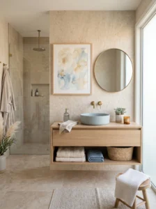 Modern bathroom decorated with soft abstract watercolor artwork in calming tones.