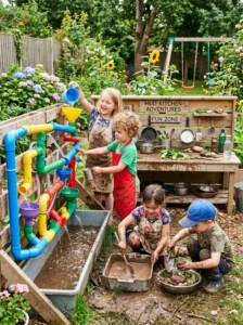 Outdoor mud kitchen with a water wall made from funnels and pipes for sensory play.