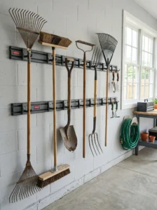 Garden tools neatly organized on wall-mounted rails in a garage.
