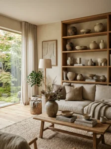 Japandi living room featuring handmade ceramic decor and natural wood styling.