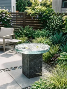 “Modern glass lid bird bath in a minimalist garden”