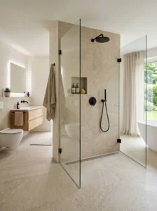 Curbless walk-in shower with seamless floor tiles and minimalist modern bathroom design.