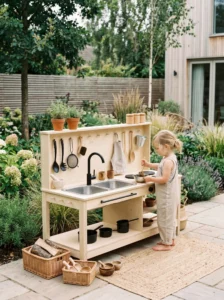 Minimalist Scandinavian mud kitchen with light wood and modern outdoor styling.