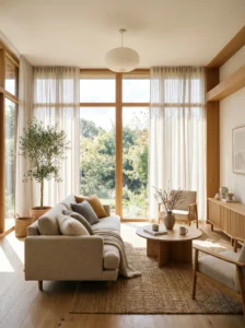 Bright Japandi living room with natural sunlight, sheer curtains, and neutral furniture.