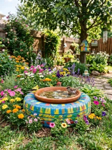 “Upcycled tire DIY bird bath in a colorful backyard”