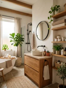 Bathroom with warm oak wood vanity and Scandinavian-inspired natural spa styling.