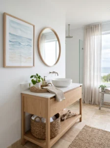 Coastal bathroom with calming ocean-inspired wall art and natural textures.