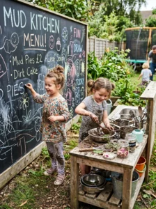 Outdoor mud kitchen with a chalkboard wall for drawing menus and pretend play