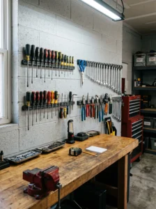 Magnetic strips organizing small metal tools above a garage workbench.