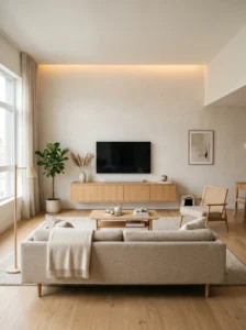 Airy Japandi living room with floating furniture and minimalist neutral styling.