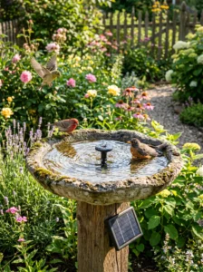 “Solar fountain bird bath attracting backyard birds”
