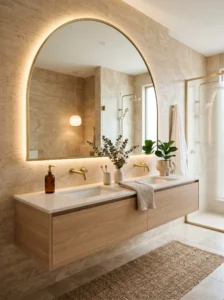 Modern bathroom featuring oversized arched mirror with soft LED backlighting.
