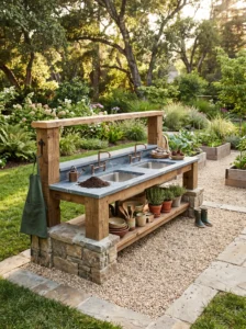 Rustic outdoor mud kitchen made with natural stone and wood in a landscaped backyard.