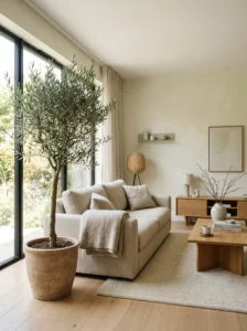 Japandi living room with olive tree, neutral furniture, and calming minimalist decor.