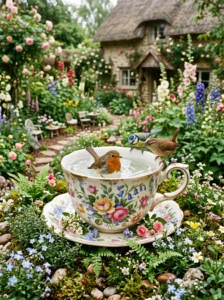“Cute teacup bird bath in a fairy garden”