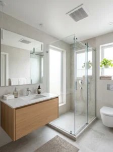 Bright modern bathroom with efficient ventilation and clean moisture-free interior design.