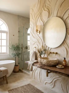 Organic modern bathroom with textured sculptural wall decor and earthy finishes.