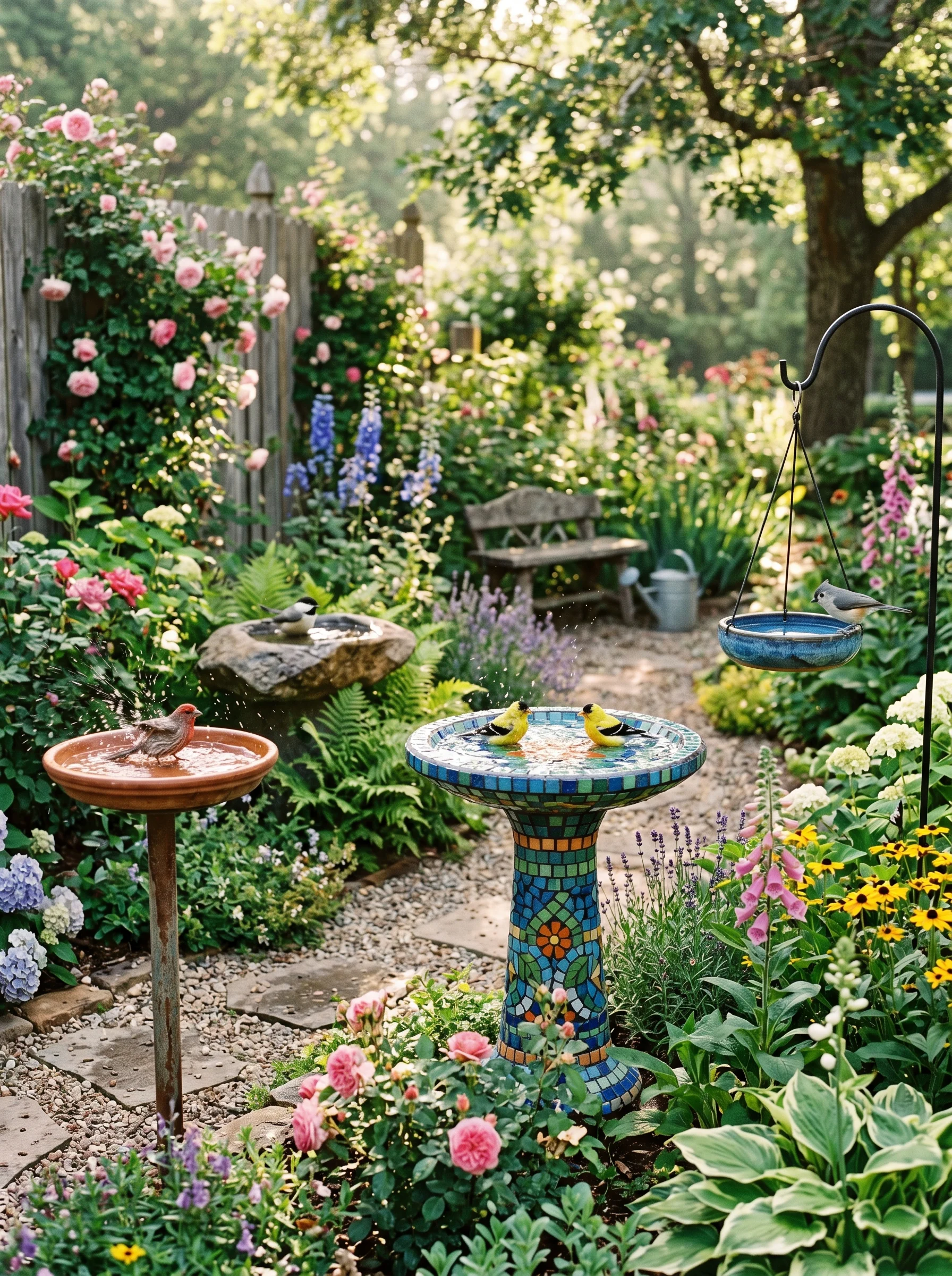 “Beautiful backyard garden with homemade bird bath ideas attracting birds naturally”