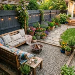 Small backyard design on a budget with gravel patio, DIY seating, container plants, and solar lighting.