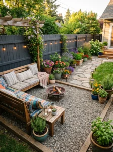 Small backyard design on a budget with gravel patio, DIY seating, container plants, and solar lighting.