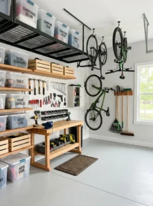Affordable garage organization ideas with shelves, pegboards, ceiling storage, and bike hooks in a clean modern garage.