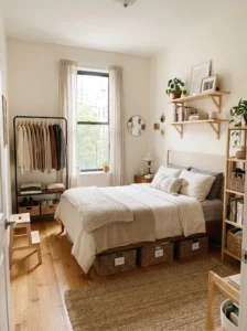 Beautifully organized bedroom with no closet space
