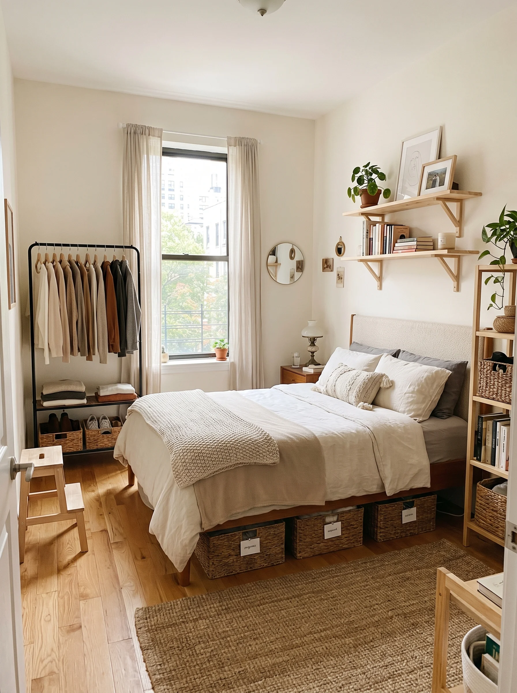 Beautifully organized bedroom with no closet space