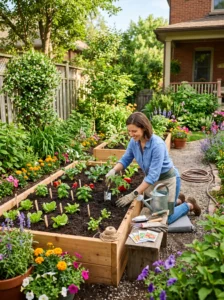Beginner starting a garden from scratch with raised beds, seedlings, and gardening tools