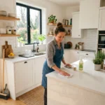 “Modern kitchen being deep cleaned with organized counters and sparkling surfaces”