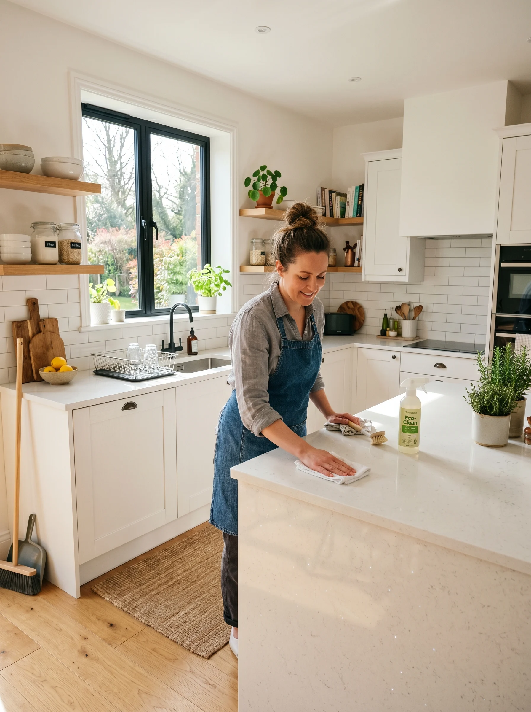 “Modern kitchen being deep cleaned with organized counters and sparkling surfaces”