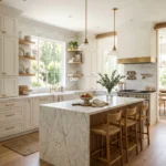“Timeless warm white kitchen cabinets with natural wood accents in a modern kitchen”