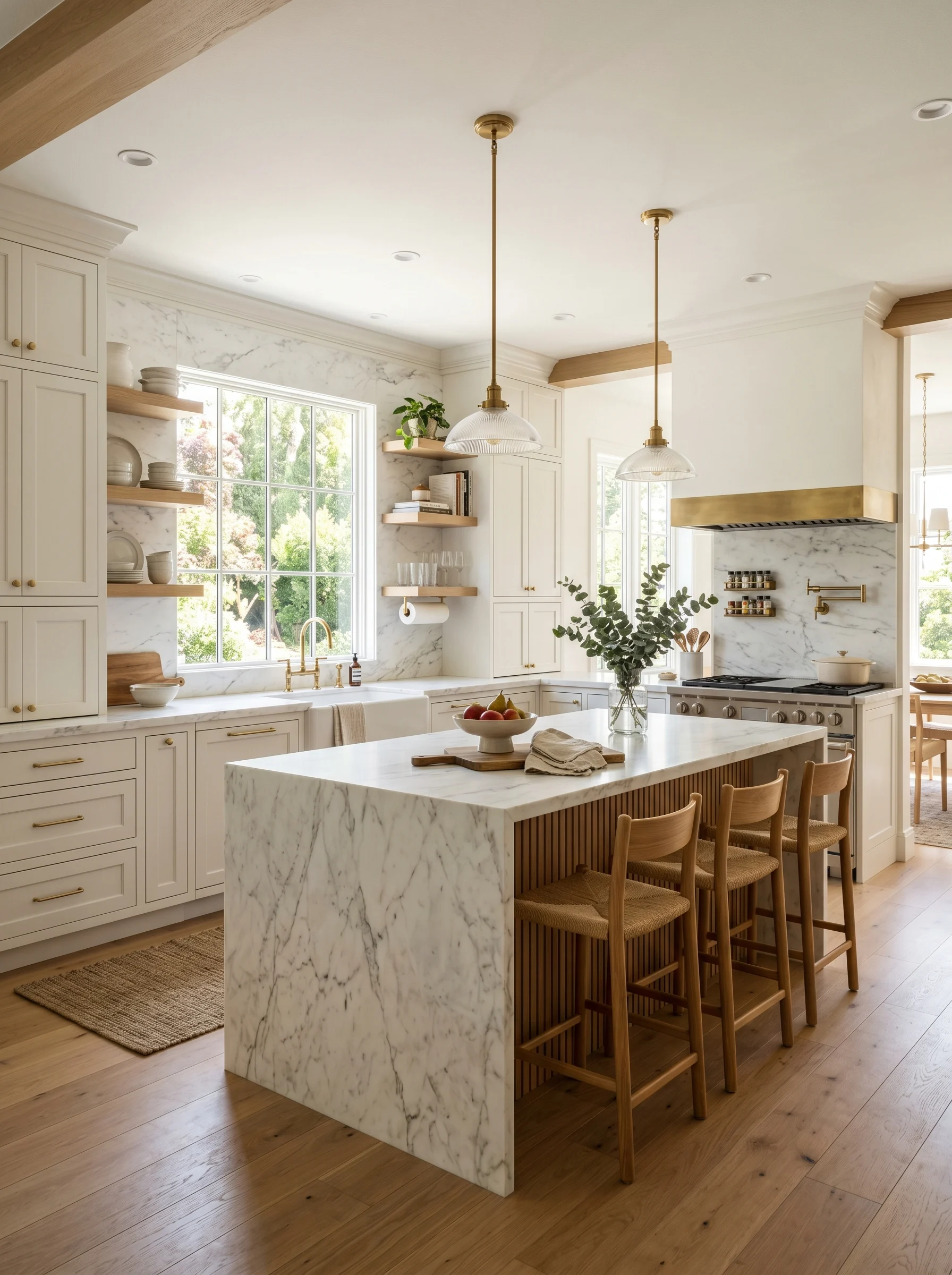 “Timeless warm white kitchen cabinets with natural wood accents in a modern kitchen”