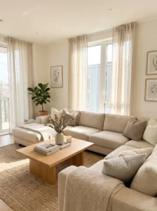 Warm white living room with cozy modern decor and natural lighting