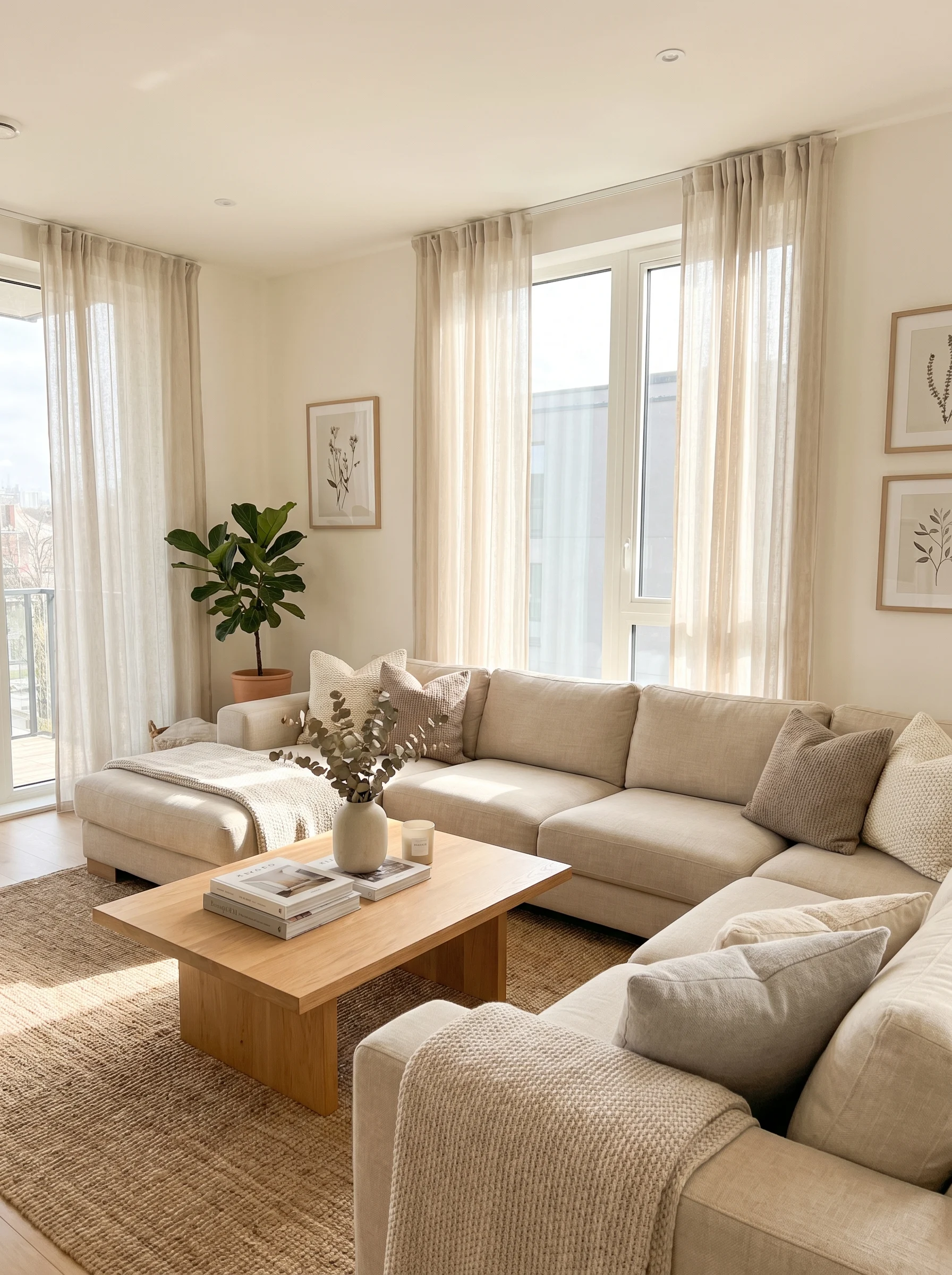 Warm white living room with cozy modern decor and natural lighting