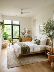 “Master bedroom decorated with indoor plants and natural light”