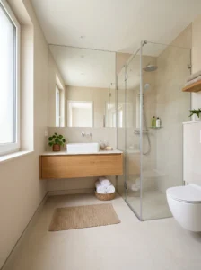 “Modern small bathroom designed to feel larger with floating vanity and large mirror”